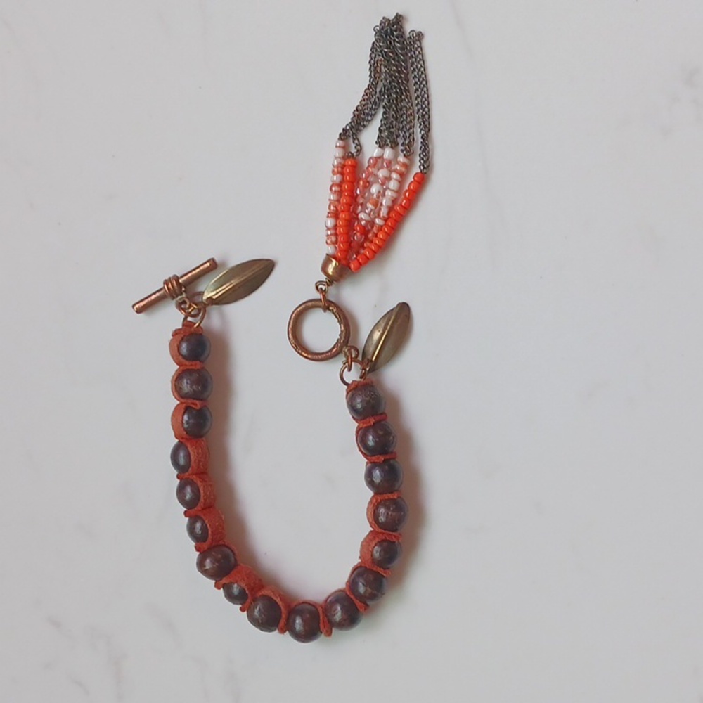 Leather and wood bead bracelet